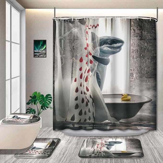 4 Pcs Funny Shark Shower Curtain Sets, Cool Animal Waterproof Polyester Fabric with Non-Slip Rugs, Funny Bathroom Decor Set with 12 Hooks, 72" x 72"