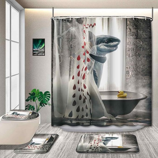4 Pcs Funny Shark Shower Curtain Sets, Cool Animal Waterproof Polyester Fabric with Non-Slip Rugs, Funny Bathroom Decor Set with 12 Hooks, 72" x 72"