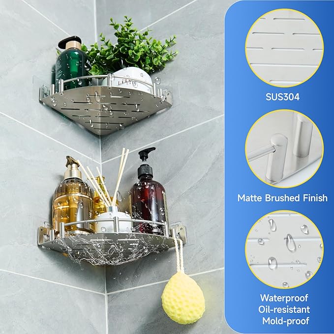 Shower Caddy Corner(1 Pack), 304 Stainless Steel,Integrated molding, High Weight Capacity,Wall mounted Bathroom Shelves with nail free adhesive, Suit for storage racks in bathrooms,Kitchens