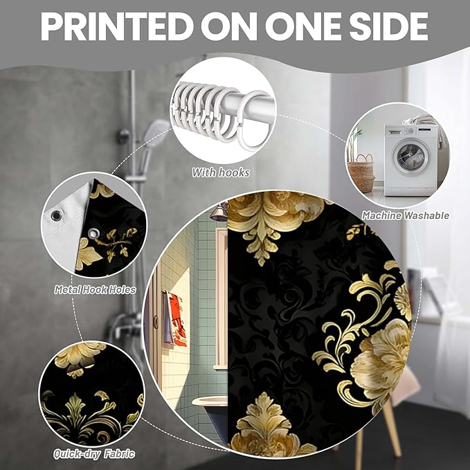 NBVKO 4Pcs Luxury Damascus Gold Flower Pattern Shower Curtain Set with 12 Hooks Non-Slip Rugs,Toilet Lid Cover and Bath Mat,Dark Gold Bathroom Decor for Hotel & Home Bathroom