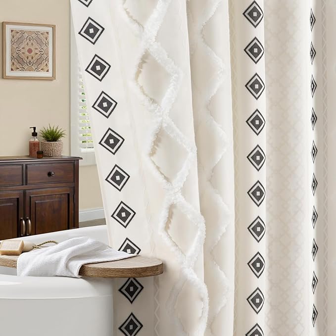 Boho Shower Curtain for Bathroom Cotton Fabric with Striped Print,White 72" W x 72" L