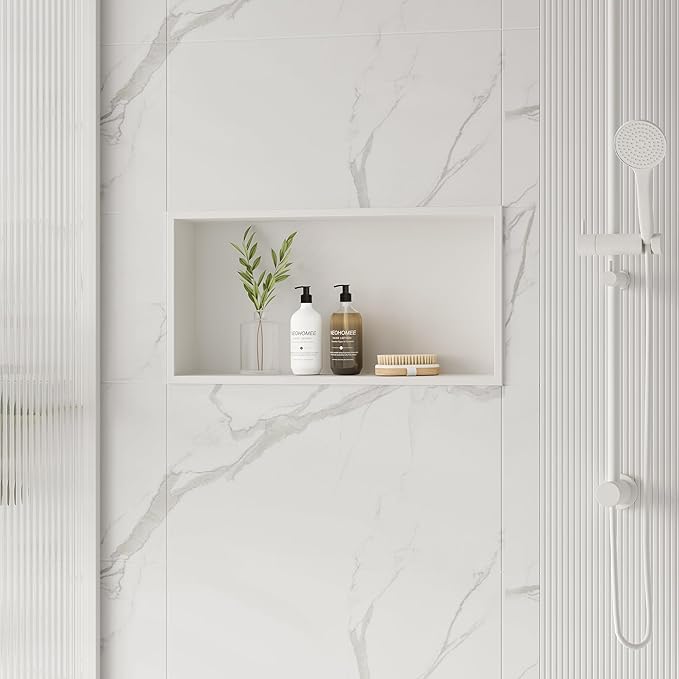 Neodrain Shower Niche, Insert Bathroom Storage Shower Shelf, Stainless Steel Recessed Wall Niche No Tiled Recessed Cabinet Waterproof for Shower Storage(White,24"x12")