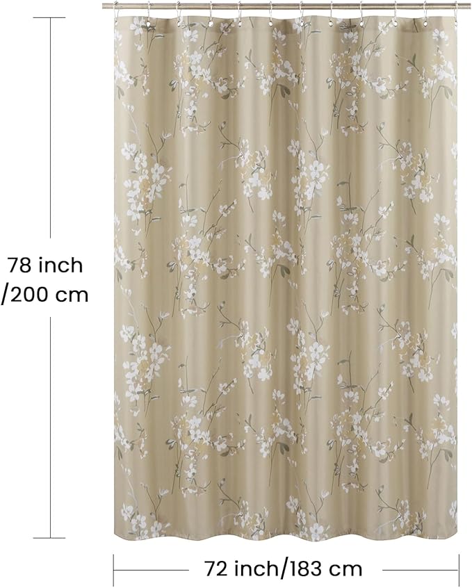 Long Fabric Shower Curtain, Beige Gold Floral Plant Flower Shower Curtains for Bathroom, Waterproof Bathroom Curtains, 72" W x 78" H