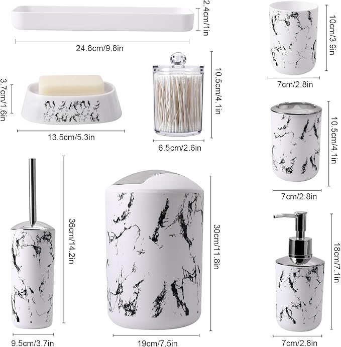 XLHOMO White Marble Bathroom Accessories Set, White Bathroom Set with Trash Can, Vanity Tray, Soap Dispenser, Soap Dish, Toothbrush Holder, Toothbrush Cup, Toilet Brush and Qtip Holders for Bathroom