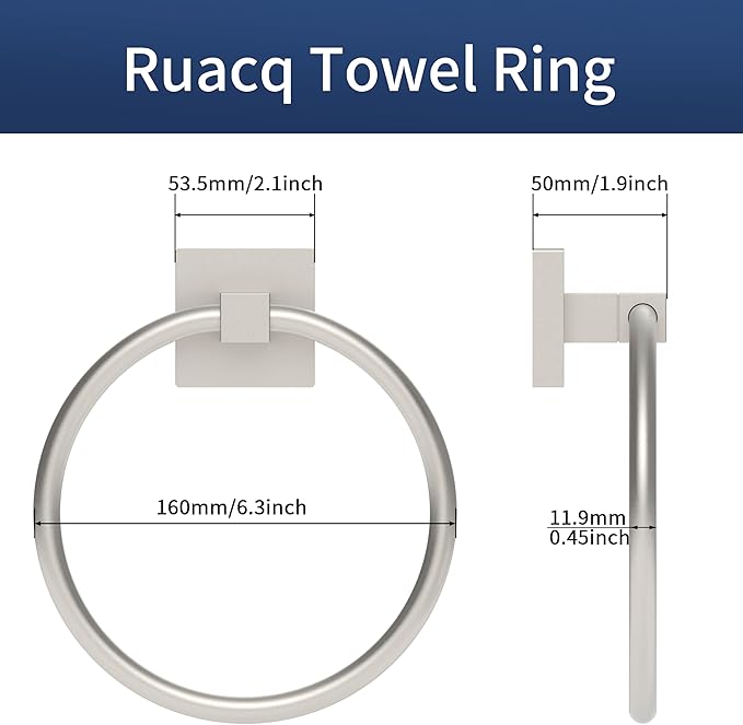 RUACQ Towel Ring for Bathroom 2pcs,Square Base Hand Towel Holder Hangers Wall Mount,Heavy Duty,Stainless Steel(Brushed Nickel)