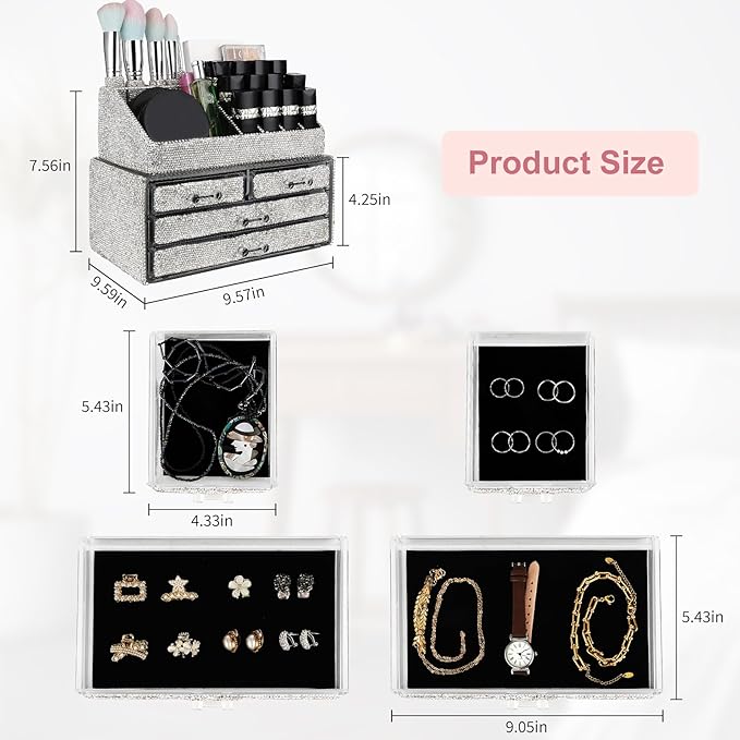 KEYPOWER Makeup Organizers Drawer Bling Diamond,Countertop Jewelry Cosmetic Storage Display Boxes,Makeup Brush Holder,2 Pieces Set(Purely Handmade) (White A)