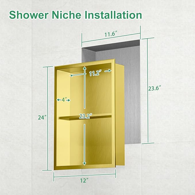 SaniteModar Shower Niche, Stainless Steel Shower Niche No Tile Needed, Recessed for Bathroom Storage (Brushed Gold, 12x24,Double)