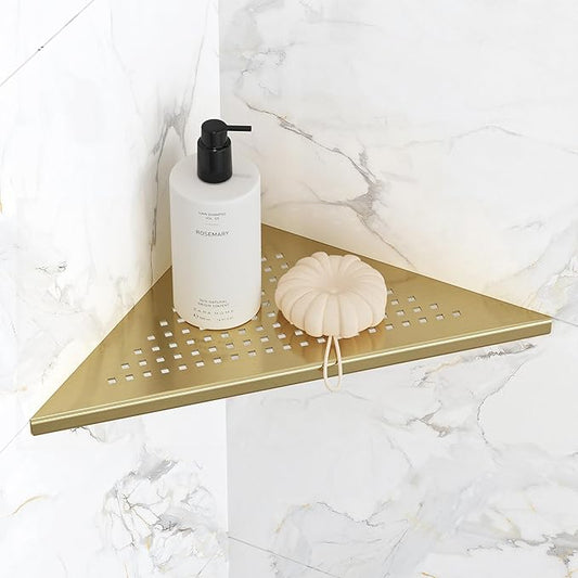 Qeke Bathroom Corner Shelf, Recessed 10" Shower Shelf Caddy, SUS304 Stainless Steel Shelf Wall Mount Triangular, No Drilling, Brushed Golden
