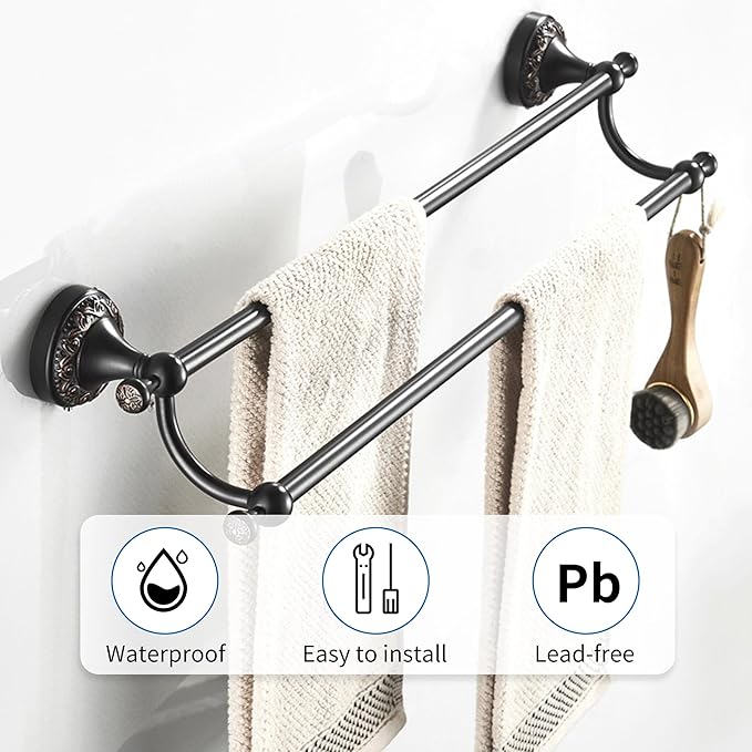 Oil Rubble Bronze Brass Double Towel Bar, Adjustable 15.5 to 27.5 Inch Bath Towel Bar Rack for Bathroom Towel Holder, Wall Mounted Black Bathroom Hardware Accessories,Pattern Carving Design