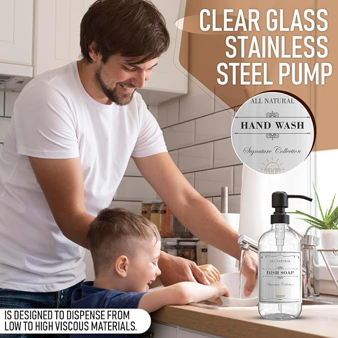 Sunrise Premium 2 Pack Clear Glass Soap Dispenser 16 OZ with Matte Black Stainless Steel Pump, Hand and Dish Soap Dispenser Set for Bathroom and Kitchen Sink with 6 Waterproof Labels