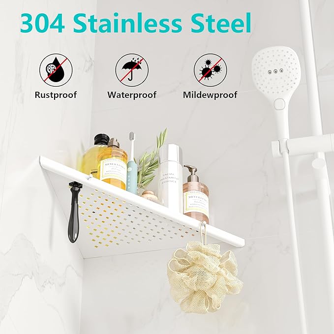 Qeke 10" Bathroom Corner Shelf, 2 Pack Recessed Shower Shelf Caddy, SUS304 Stainless Steel Shelf Wall Mount Triangular, No Drilling Matte White