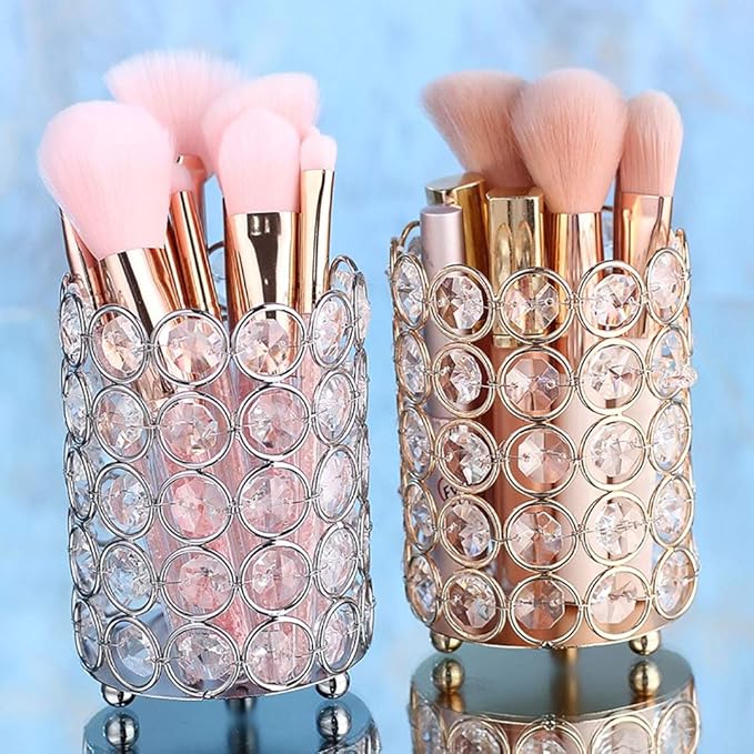 Pahdecor Makeup Brush Holder Storage Organizer with 5 Layers Beads,Handmade Vintage Crystal Beads Candle Container Holder Candlesticks Pencil Cup Flower Vase,4.6x3.2inch(HxW), Silver Color