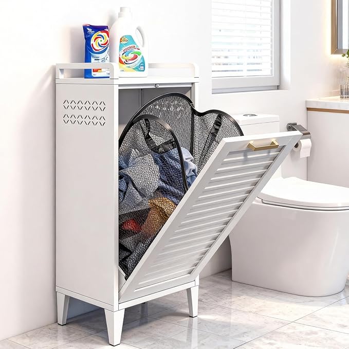 Tilt-Out Laundry Hamper Cabinet, 13 Gallon Clothes Basket with Golden Handle, Hidden Laundry Cabinet with Laundry Storage Basket for Bathroom, Laundry Room, Bedroom - White