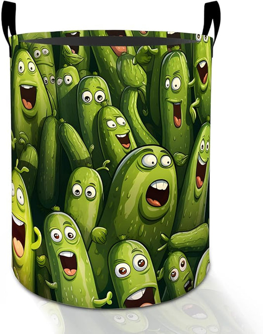 Funny Pickle Laundry Basket Hamper for Boys Girls Kids Adults, Foldable Waterproof Oxford Clothes Storage Bin, Cartoon Organizer for Bedroom Bathroom Room Decor 19.7"x15.8"