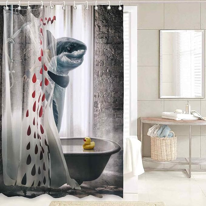 4 Pcs Funny Shark Shower Curtain Sets, Cool Animal Waterproof Polyester Fabric with Non-Slip Rugs, Funny Bathroom Decor Set with 12 Hooks, 72" x 72"