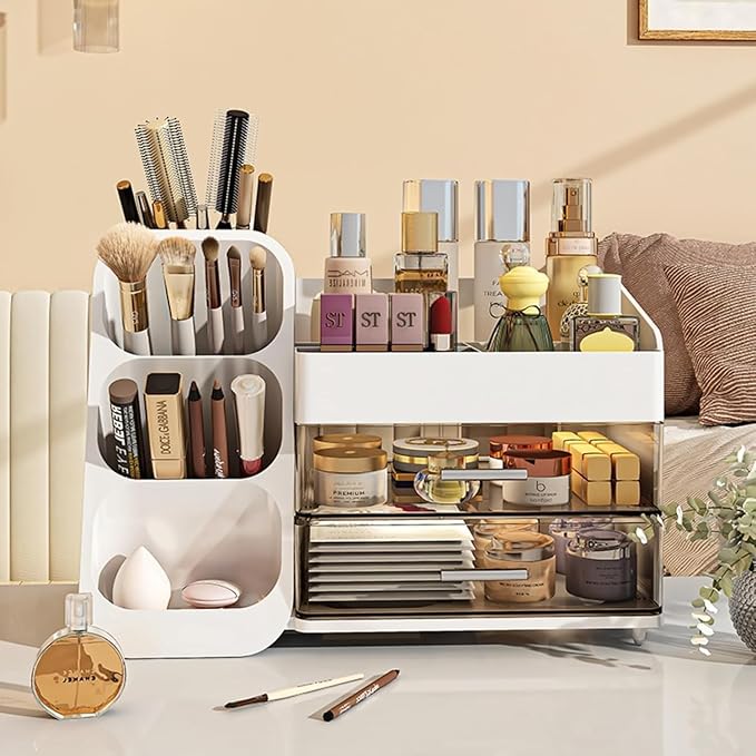 Makeup Organizer for Vanity, Large Capacity Cosmetic Display Case with Clear Acrylic Drawer, Countertop Beauty Storage Holder for Skincare, Brush Eyeshadow Lipstick Counter Desk, Crystal White