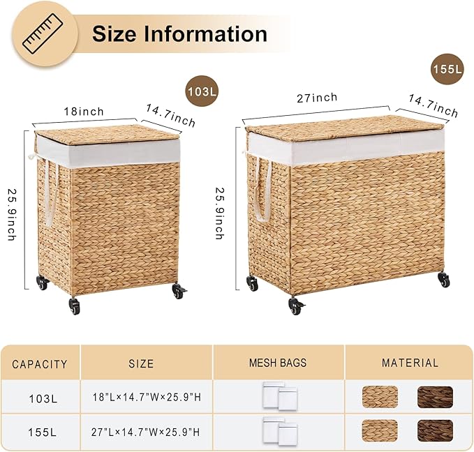 2-Section Laundry Hamper with Lid, Large Capacity Woven Natural Water Hyacinth Laundry Sorter with Removable Liners, Rolling or Non-Slip Design for Bedroom(Natural, 100L)