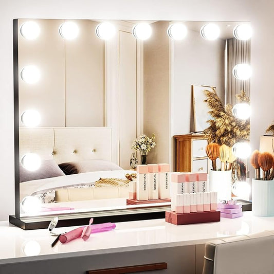 Gvnkvn Vanity Mirror with Lights, 15 Dimmable LED Bulbs Large Hollyhood Makeup Mirror, Light up Mirror with 10X Magnification and USB Charging Port, Smart Touch 3 Colors, Metal Frame