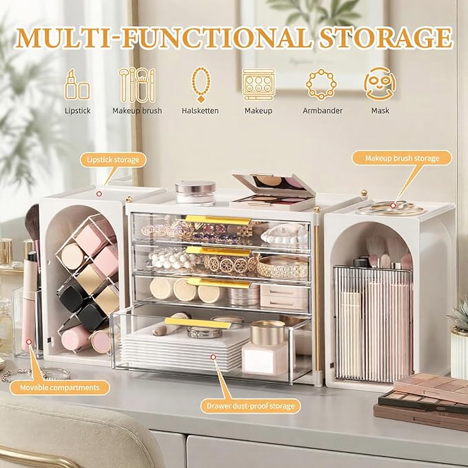 4-Tier Drawer Makeup Organizer, 3-in-1 Free Combination Cosmetic Storage with Lipstick Holder & Brush Rack, Skincare Organizer with Mini Tray for Vanity Bathroom Bedroom Dorm