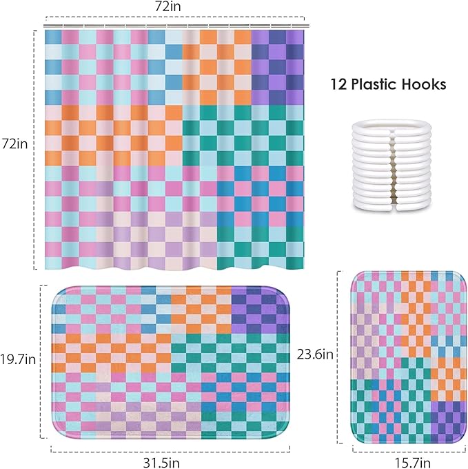 ArtSocket Retro Checkered Bathroom Set with Shower Curtain and Bath Rugs and Accessories,Colorful Funky Checkerboard Non-Slip Shower Curtain Set,Bathroom Decor 3 Pcs