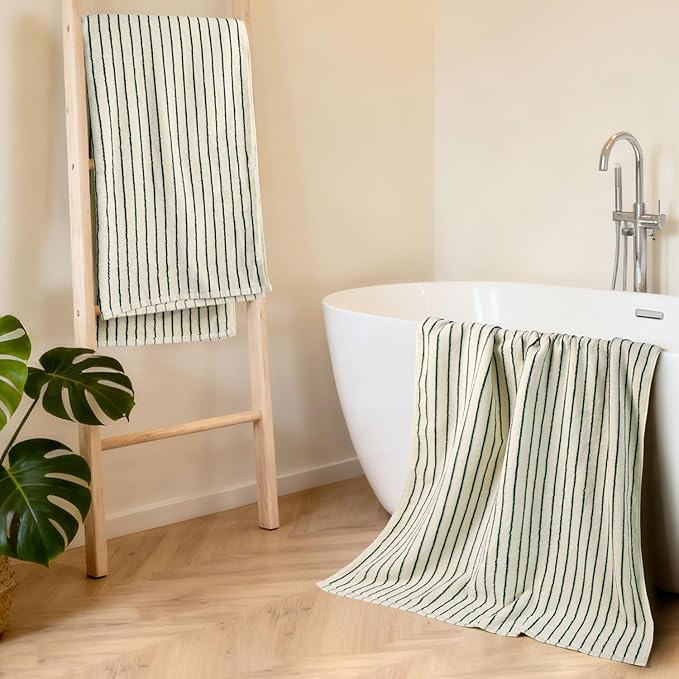 Jacquotha Green Striped Bath Towels Set of 2, Lighter & Quick Dry Towels Large 27.5 x 55 inches, Farmhouse for Bathroom Decor, Shower, Pool Days