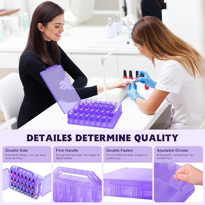 SUBAY Portable Nail Polish Organizer, Clear Double Side Nail Polish Holder,Gel Nail Storage for 48 Bottles with 6 Adjustable Dividers in Each Side Space Saver, Purple