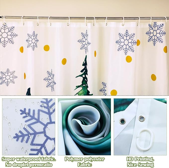 Drydiet 4 Pcs Christmas Shower Curtain Set Bathroom Decoration Non Slip Rugs Mat Toilet Lid Cover Shower Curtain for Xmas Holiday Farmhouse Home Bathroom Decor(Green Christmas)