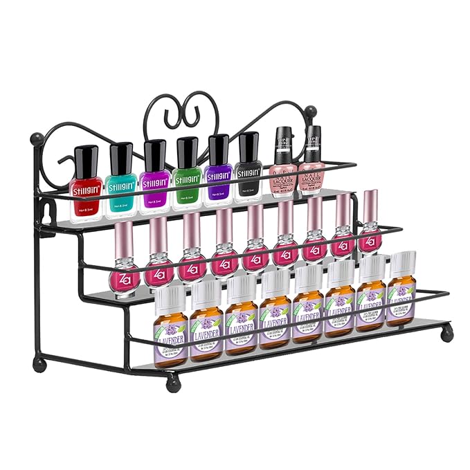 Dazone Mounted 3 Tier Metal Shelf Nail Polish Wall Rack Essential Oils Perfume Organizer (Black)