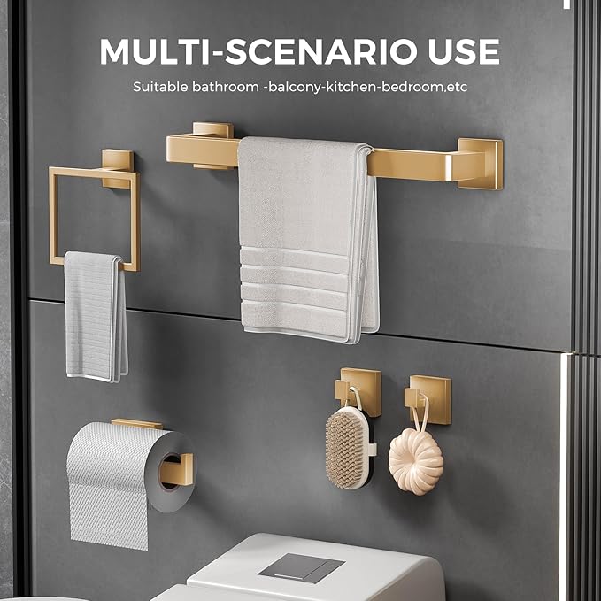 Gold Bathroom Hardware Accessories Set of 5 Pieces, 15.6 Inch Bath Towel Bar Set, 304 Stainless Steel Bathroom Hardware Set, Towel Racks for Bathroom Wall Mounted
