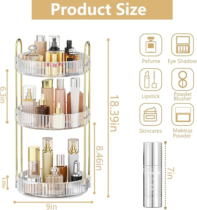 360° Rotating Makeup Organizer, 3 Tier Large Capacity Perfume Storage, Spinning Cosmetic Holder for Vanity Dresser, Skincare Display Stand for Bathroom Countertop