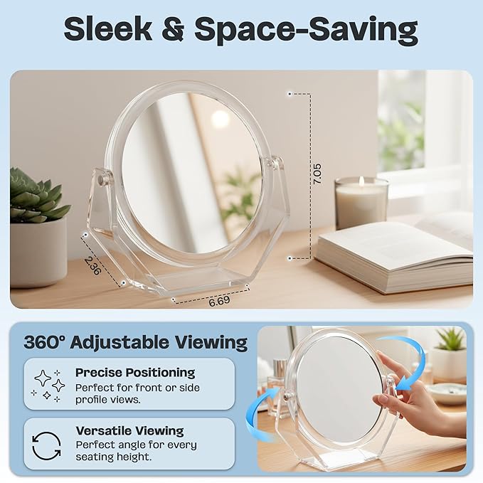 Danielle Creations Round Acrylic Vanity Mirror, Clear 1x/10x Magnifying Makeup Mirror with Soft Touch Stand, Tabletop Desk Bathroom Vanity Mirror, Portable Compact Mirror