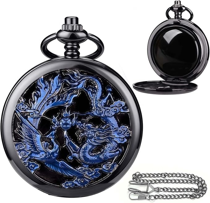 ManChDa Scrying Mirror Black Obsidian Mirror Lucky Dragon & Phoenix Pocket Watch Shell Witchcraft Kit Wiccan Supplies and Tools Witchy Gifts, Black Blue