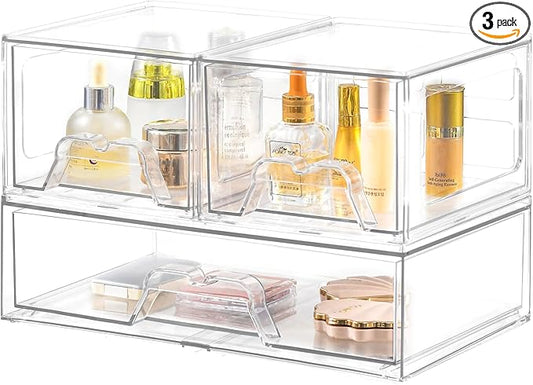 3 Pack Stackable Storage Drawers Clear Acrylic Organizer Makeup Bathroom Organizer and Storage for Beauty Supplies,Ideal for Vanity, Cabinet,Bathroom,Pantry Organization