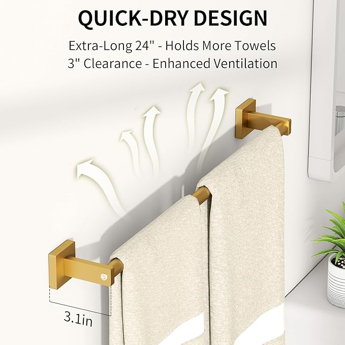 MKO Towel Bar for Bathroom, 24" Towel Racks for Bathroom Hanger Wall Mounted, Hand Towel Holder Rod with Metal for Kitchen Home, Gold 2 Pack