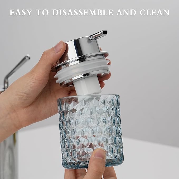 CICUFY Hand Soap Dispenser Glass, Refillable Liquid Dispenser for Bathroom & Kitchen,Lotion Dispenser with Large Silver Pump（Diamond Pattern-Blue）