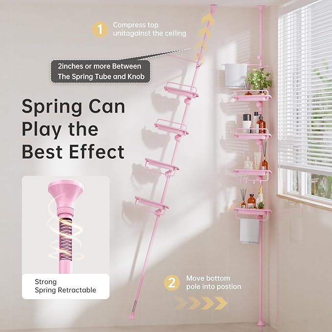 Sturdy Pink Corner Shower Caddy - 4 Tier Adjustable Organizer, Rustproof Stainless Steel, 32-122 Inch