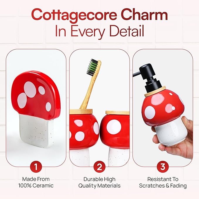 Mushroom Bathroom Decor Set – Ceramic Soap Dispenser, Toothbrush Holder, Canister, and Soap Dish with Bamboo Accessories – Cottagecore Bathroom Gifts for Women