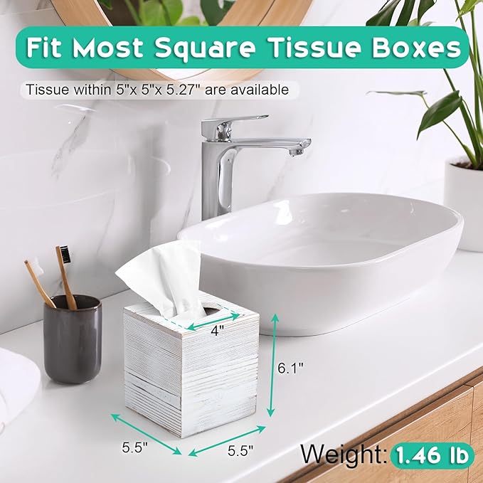 Wood Tissue Box Cover Square - Wooden Tissue Box Holder for Tabletop Night Stands Bathroom Office - Decorative White Facial Cube Tissue Box Cover