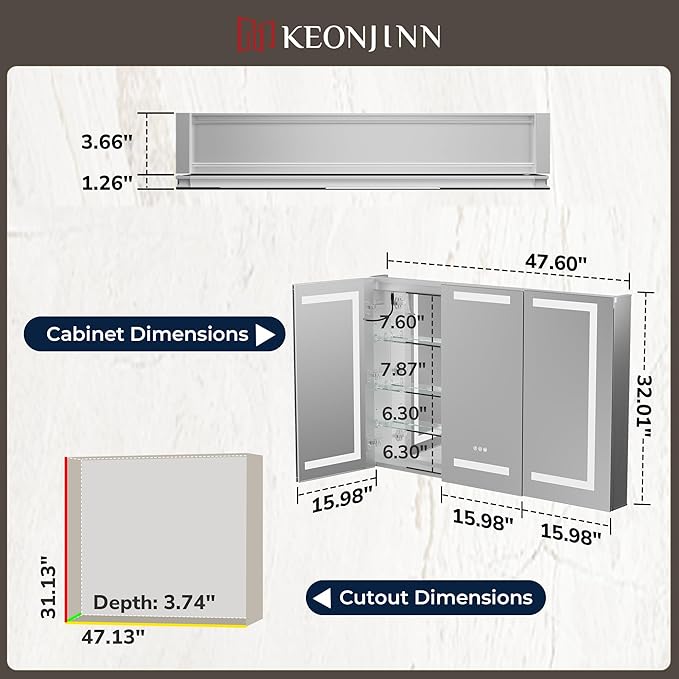 Keonjinn 48 x 32 Inch Lighted Medicine Cabinet for Bathroom with Outlets, Anti-Fog Lighted Medicine Cabinet with Mirror 3 Colors Dimmable, Tempered Glass 2-Side Front Lit Bathroom Mirror with Storage
