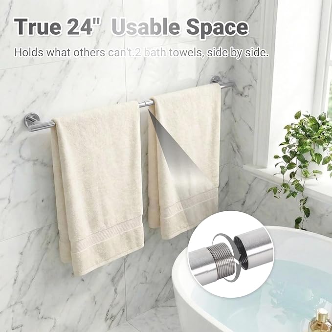 24 Inch Usable Towel Bar, 5-Piece Brushed Nickel Bathroom Accessories, SUS304 Stainless Steel Towel Ring Holder, Toilet Paper Holder with 2 Hooks, Wall Mounted Modern Bathroom Hardware Set