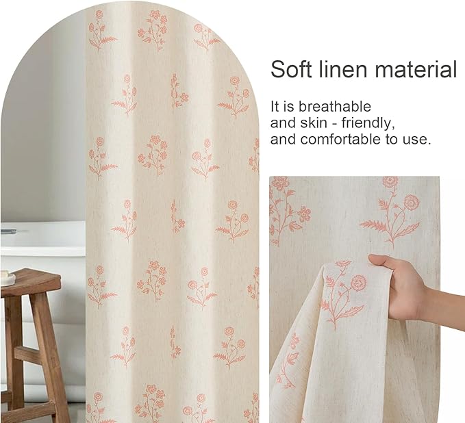 ORTIGIA Linen Shower Curtain Farmhouse Vintage Pink Floral Shower Curtains Boho Rustic Block Print Cottagecore Decor for Bathroom 72 W x 72 L