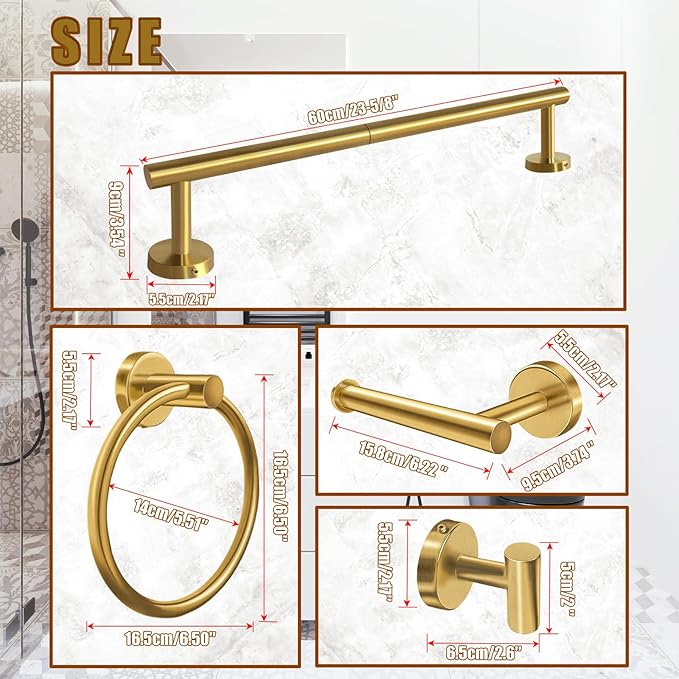 5PCS Brushed Gold Bathroom Accessories Set, Bathroom Hardware Set, Splicing 24 Inch Stainless Steel Bath Towel Bar Set, Gold Bathroom Accessories Wall Mounted