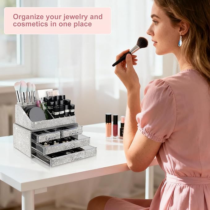 KEYPOWER Makeup Organizers Drawer Bling Diamond,Countertop Jewelry Cosmetic Storage Display Boxes,Makeup Brush Holder,2 Pieces Set(Purely Handmade) (White A)