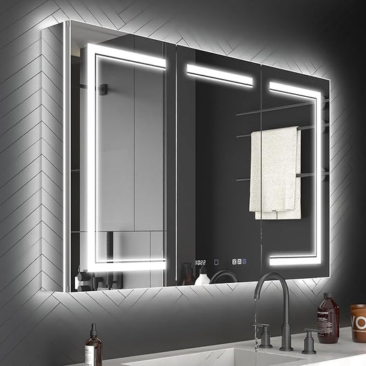 ExBrite 48 x 32 LED Lighted Medicine Cabinet with Mirror, Front & Backlit, Night Light, Clock & Temperature Display, Defog, 5X Magnifier, 3-Color Dimmable LED, Surface or Recessed Mount