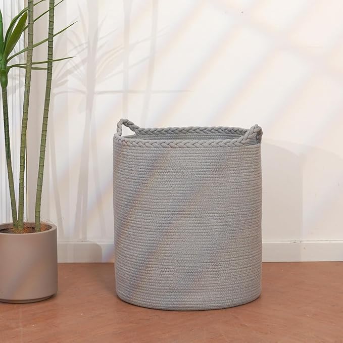 90L Oversize Woven Laundry Basket,Cotton Tall Laundry Hamper for Blankets,Clothes,Pillows,Toys,Shoes Large Laundry Bin Grey