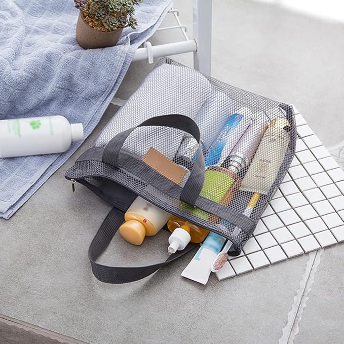 Mesh Shower Caddy, Quick Dry Portable Tote with Zipper and Inner Pocket, Beach Bag, Lightweight Bath Organizer for College Dorm, Swimming, Gym, Beach, Travel (Gray)