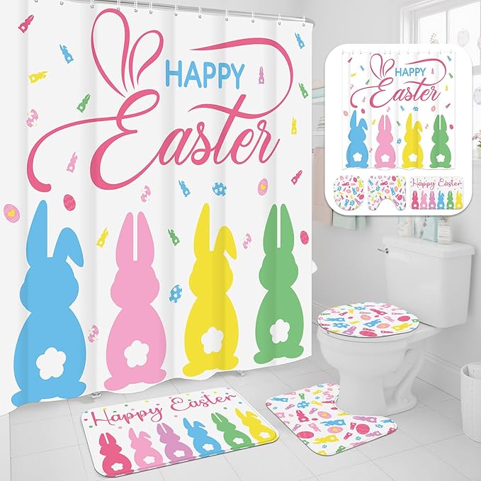Remagr 4 Pcs Easter Shower Curtain Set for Bathroom Easter Bathroom Curtain Include Bunny Shower Curtains Non Slip Rug Toilet Lid Cover U Shaped Bath Mat and 12 Hooks for Home Indoor Decor