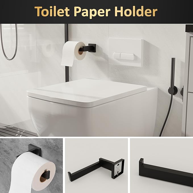 10-Pieces Bathroom Hardware Set,23.6inch Wall Mounted Double Towel Bar Set，Towel Rack&Toilet Paper Holder&Towel Ring and Towel Hook;Bathroom Accessories Set(Matte Black)