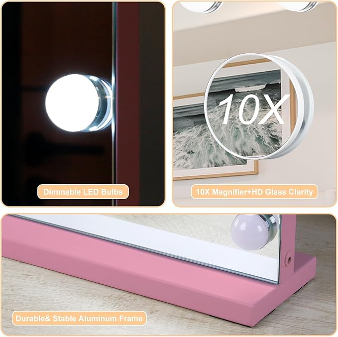 Moonee Pink Vanity Mirror with Lights, Hollywood Lighted Makeup Mirror with 15 Dimmable Bulbs and 10X Magnification, 3 Colors Modes, Aluminum Metal Frame, Light Up Mirror for Tabletop/Wall（23" x 18"）