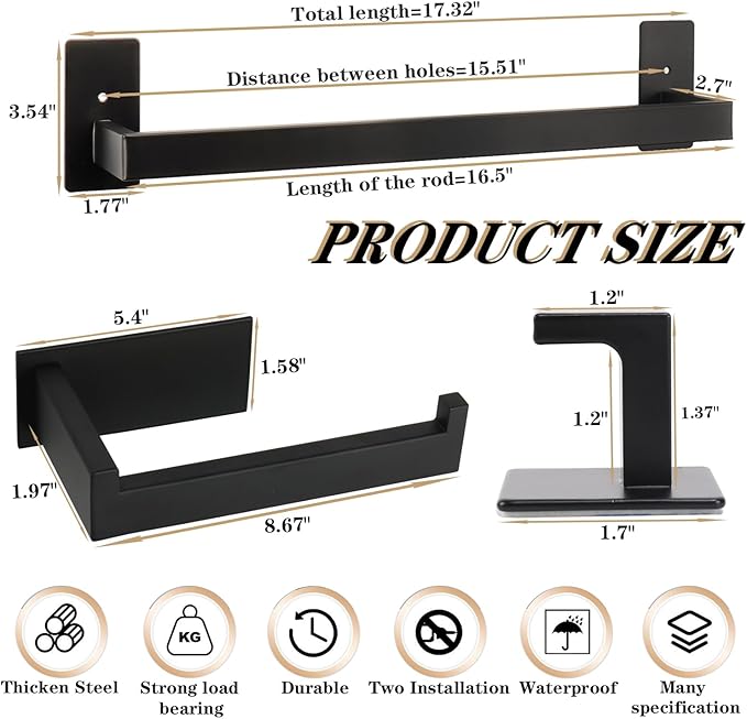 5 Pieces Self Adhesive Bathroom Hardware Set-SUS304 Stainless Steel-Towel Rack Set Include 16″Towel Bar+Toilet Paper Holder+3 Towel/Robe Hooks Bathroom Accessory (Matte Black, 16 in)